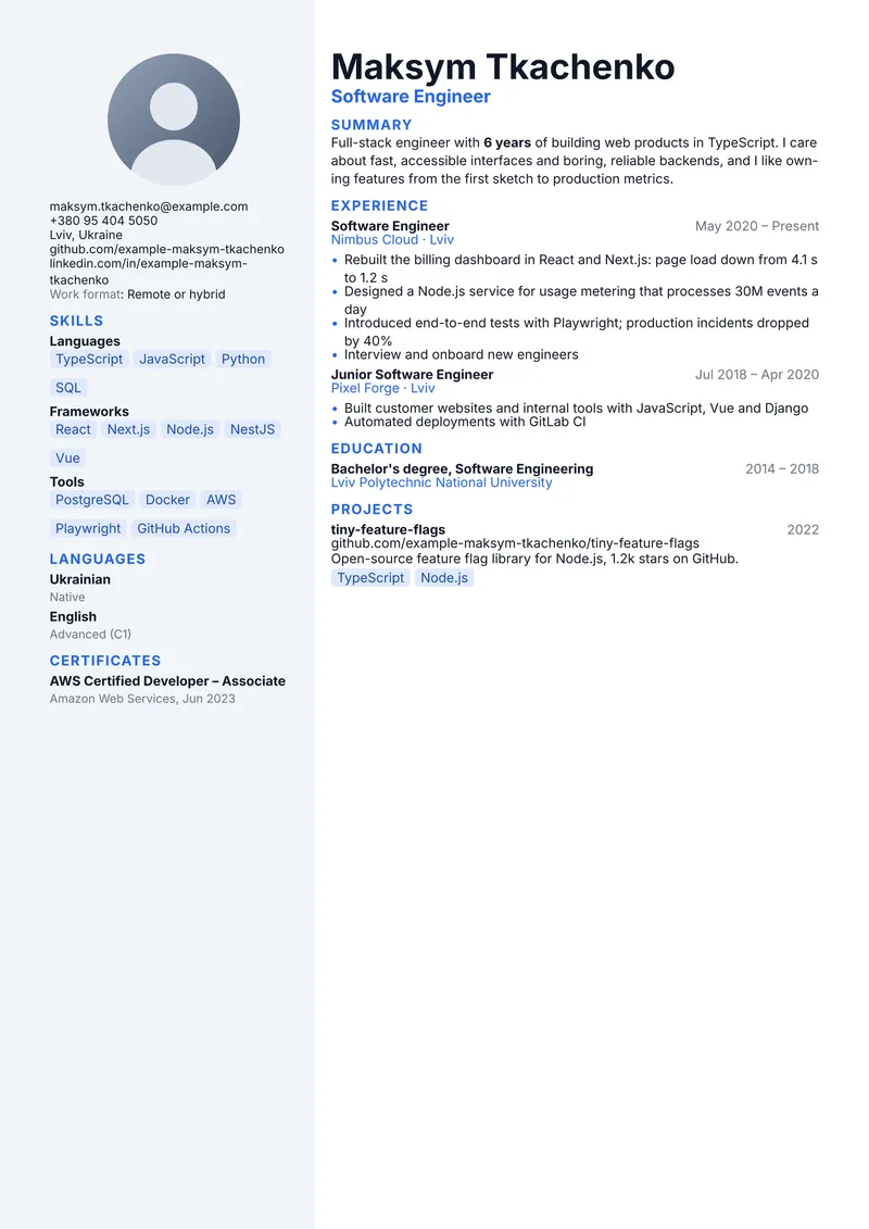 Software Engineer resume example in the Wolf template